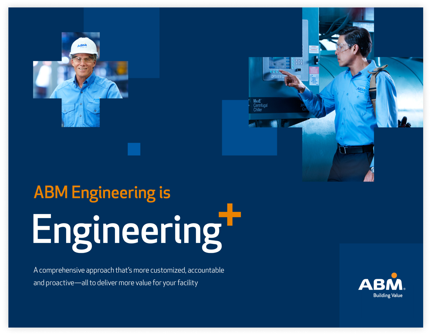 Cover of ebook featuring two male ABM engineers framed within plus signs. Headline reads “ABM Engineering is Engineering+”