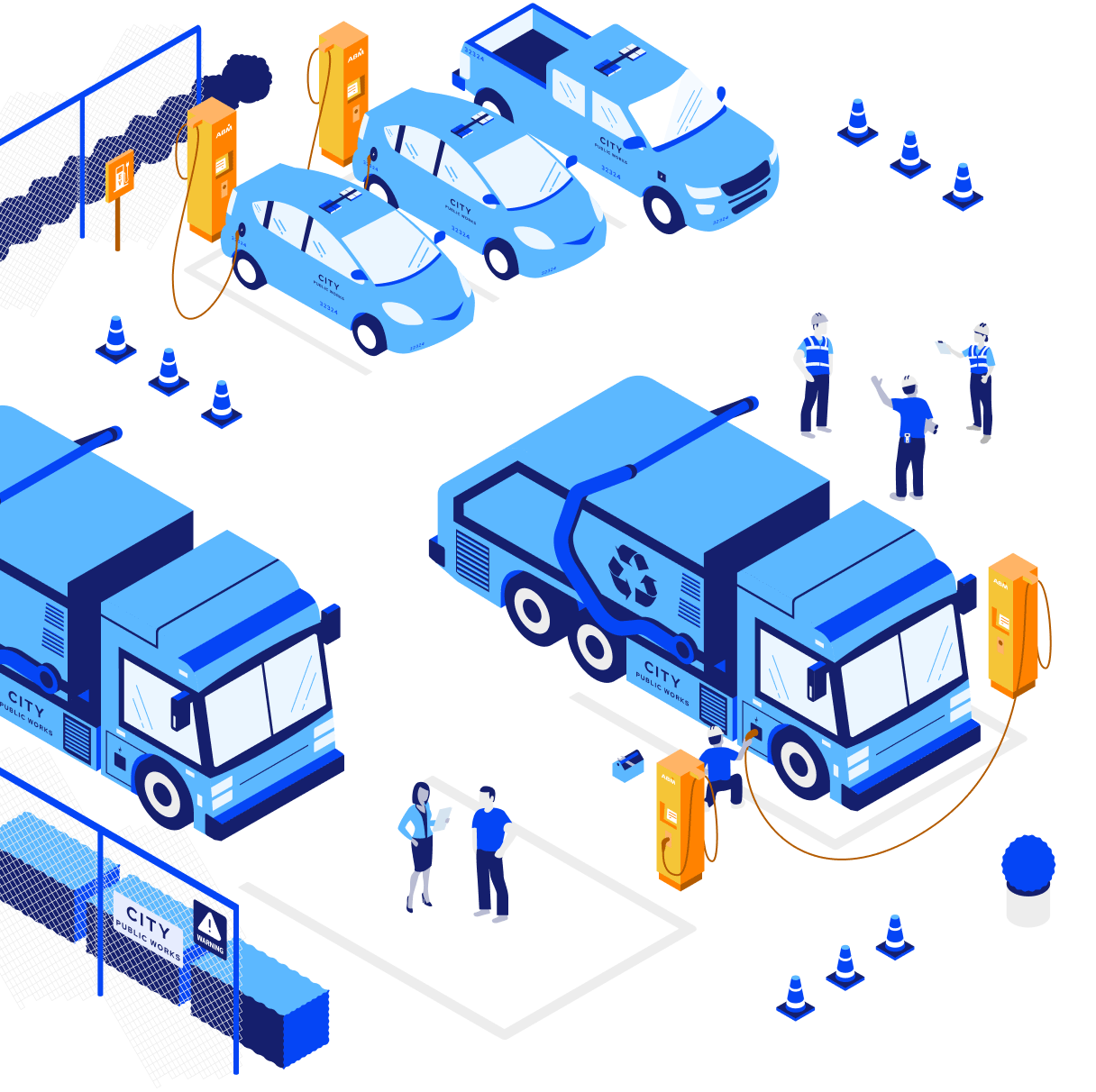 Illustrated scene of ABM technicians inspecting and discussing fleet EV solutions in municipal settings.