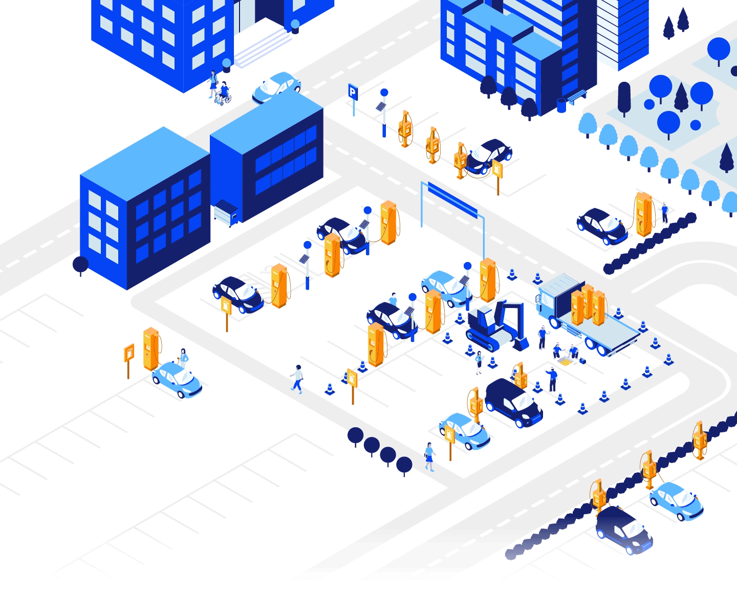 An illustrated city filled with people using, charging, and driving electric vehicles.