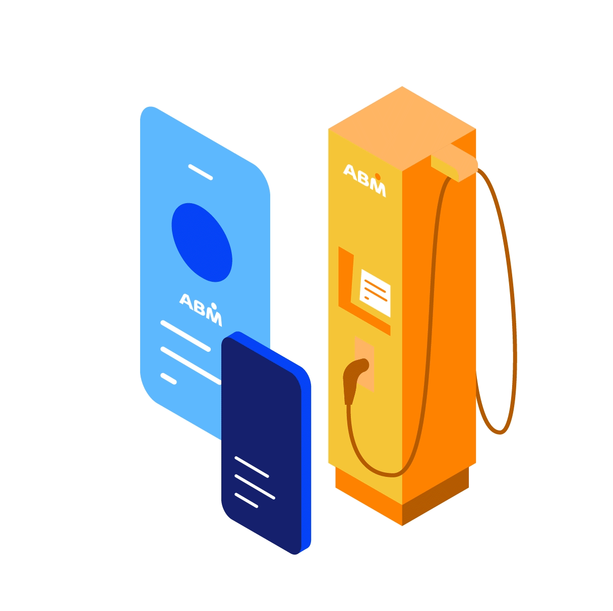 Illustrated collection of an EV charger, mobile device and the ABM EV OS app.