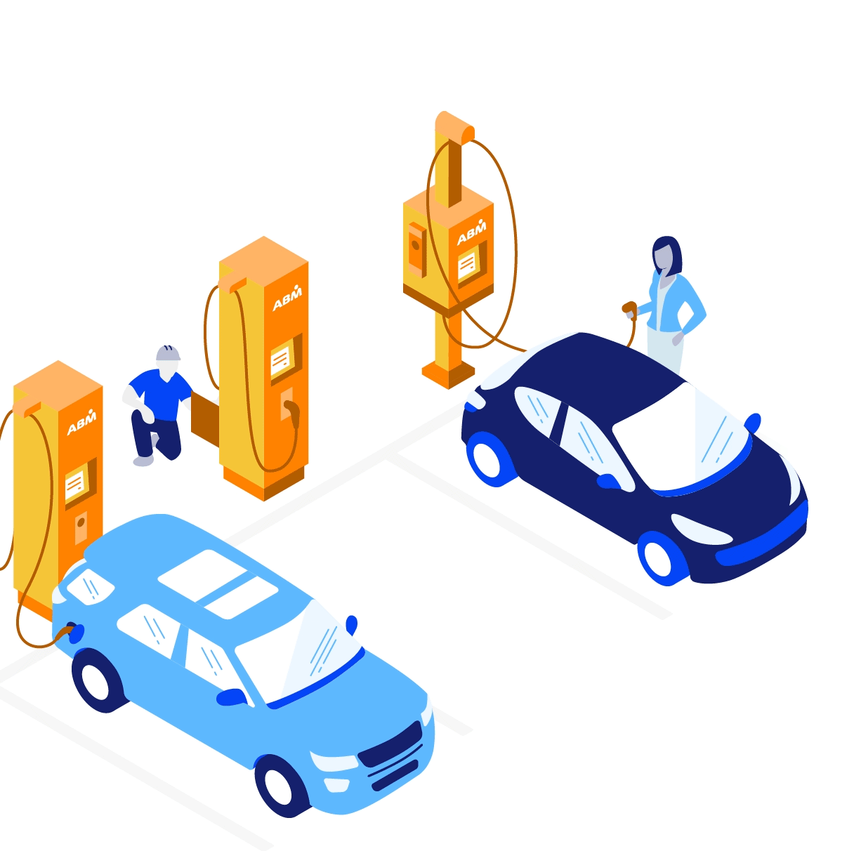 Illustrated scene with a woman charges her EV while an ABM technician inspects a different EV charger.