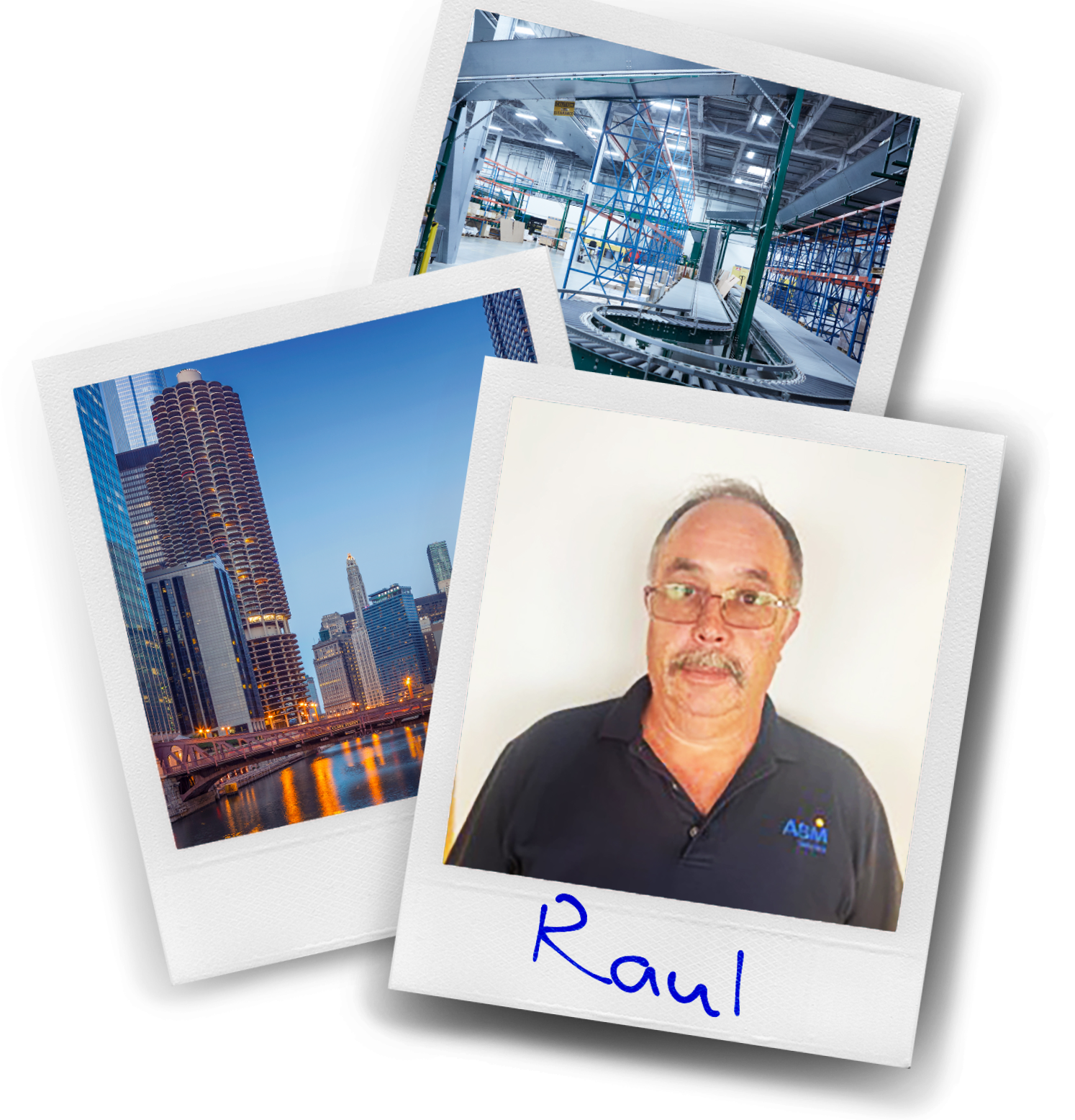 Three polaroids showing a factory, a cityscape and an ABM employee