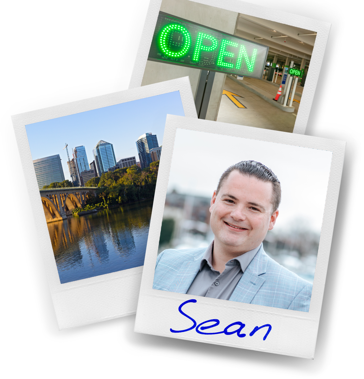 Three polaroids showing an open sign, a cityscape and an ABM employee