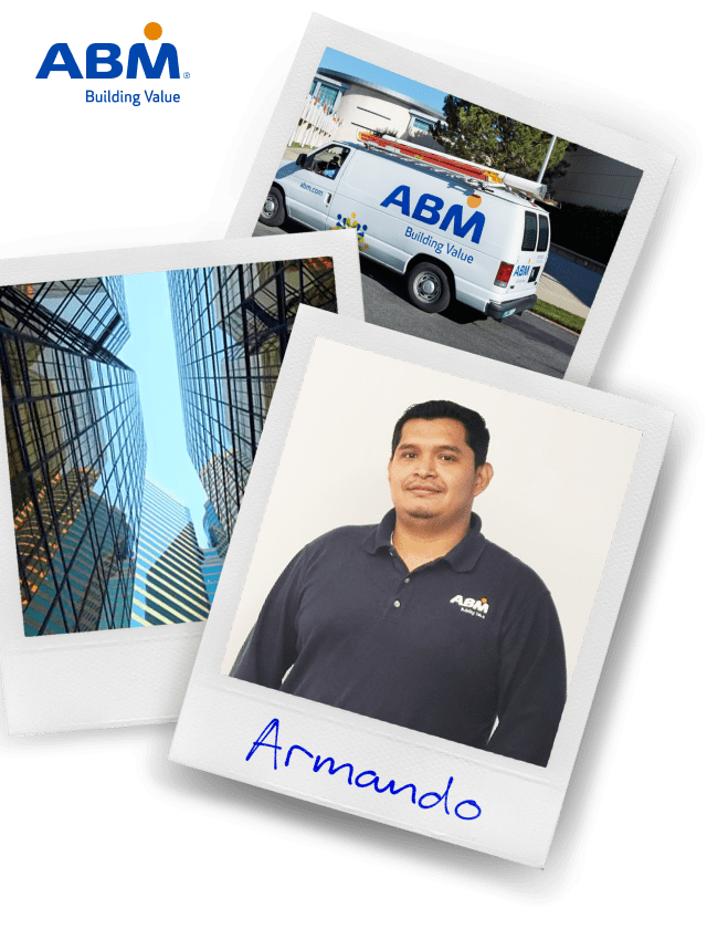 Polaroids of an ABM worker, a van and a skyscraper