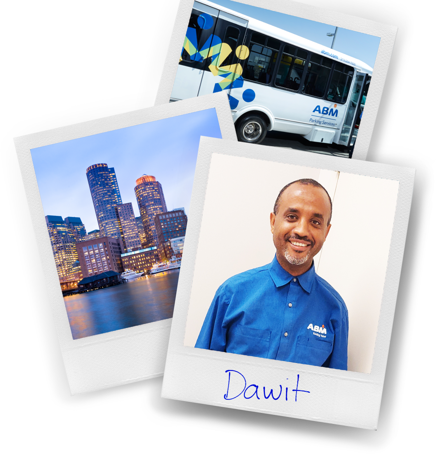 Three polaroids showing an ABM shuttle, the Boston skyline and an ABM employee